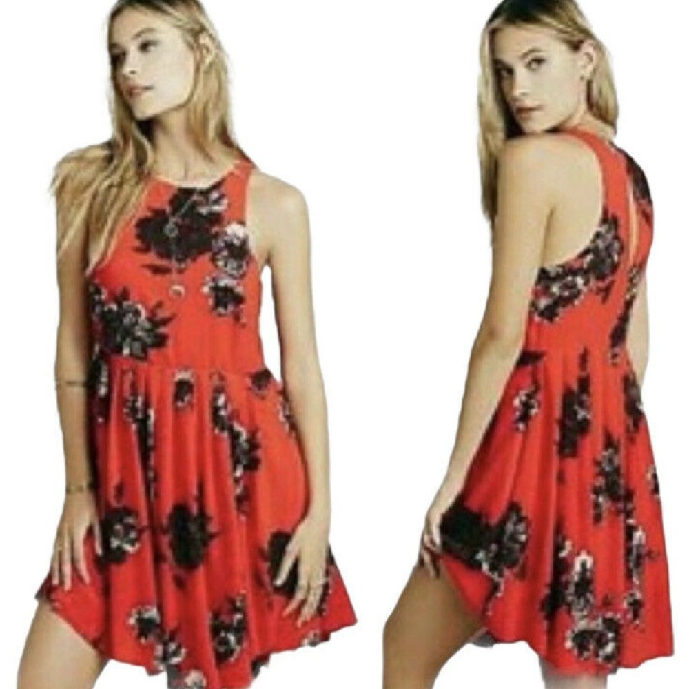Free People Women Size 4 Red Floral Sleeveless Fit Flare Fray Hem Boho Dress